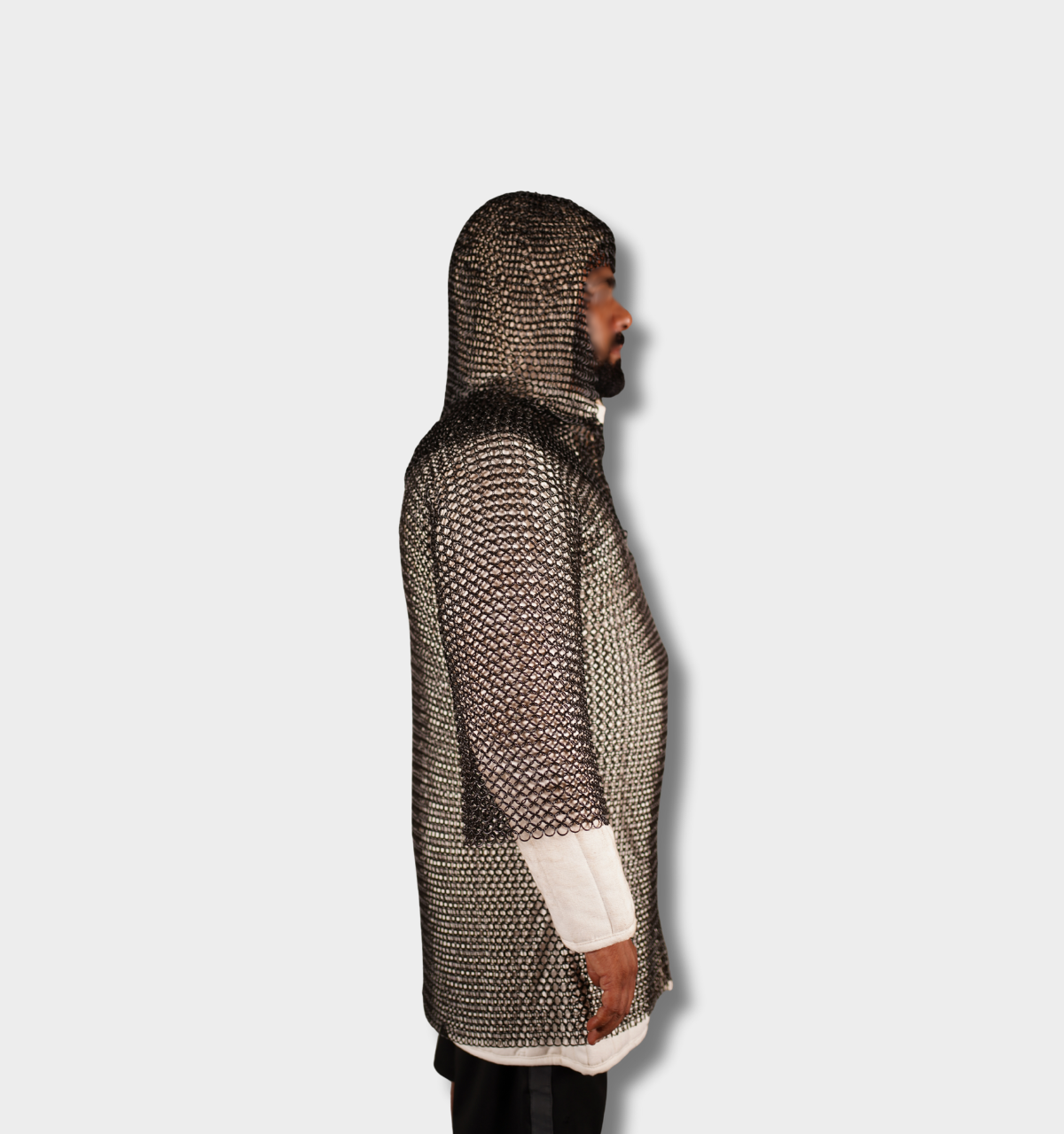 Handmade Black Chainmail Half Sleeve Shirt with Coif