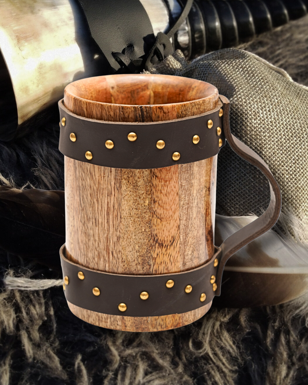 Nordic Runes (Wooden Inner) – Wooden Horn Beer Mug