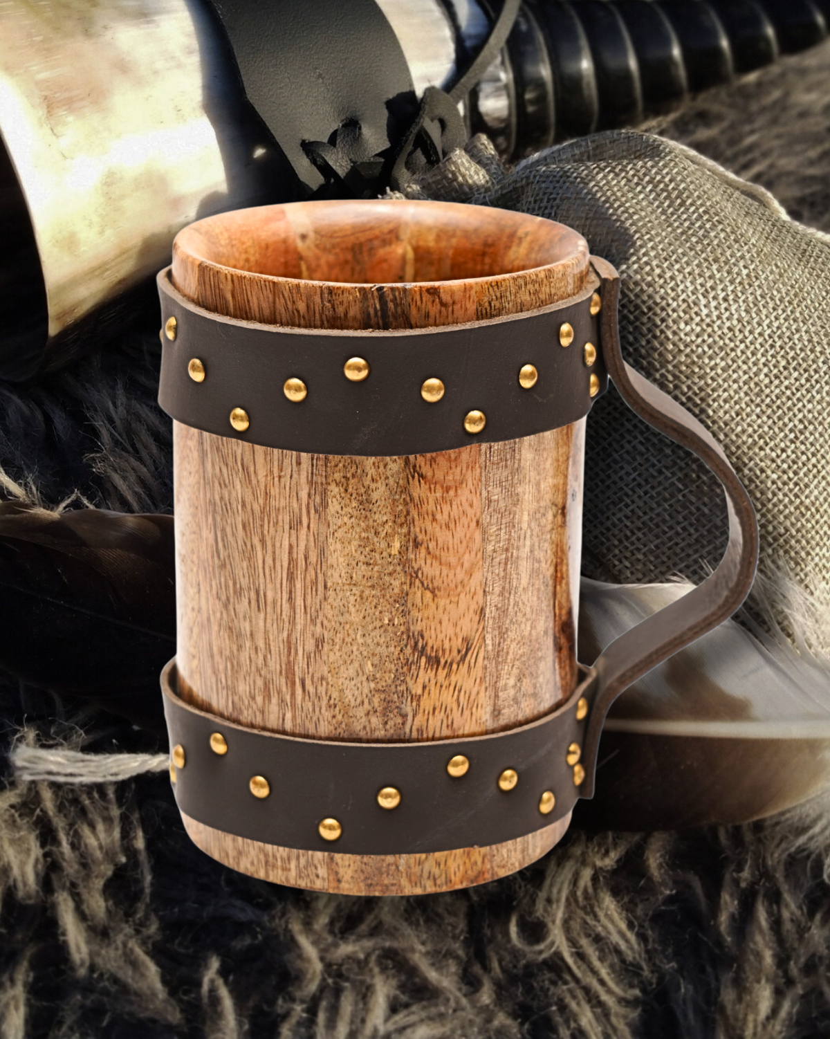 Nordic Runes (Wooden Inner) – Wooden Horn Beer Mug