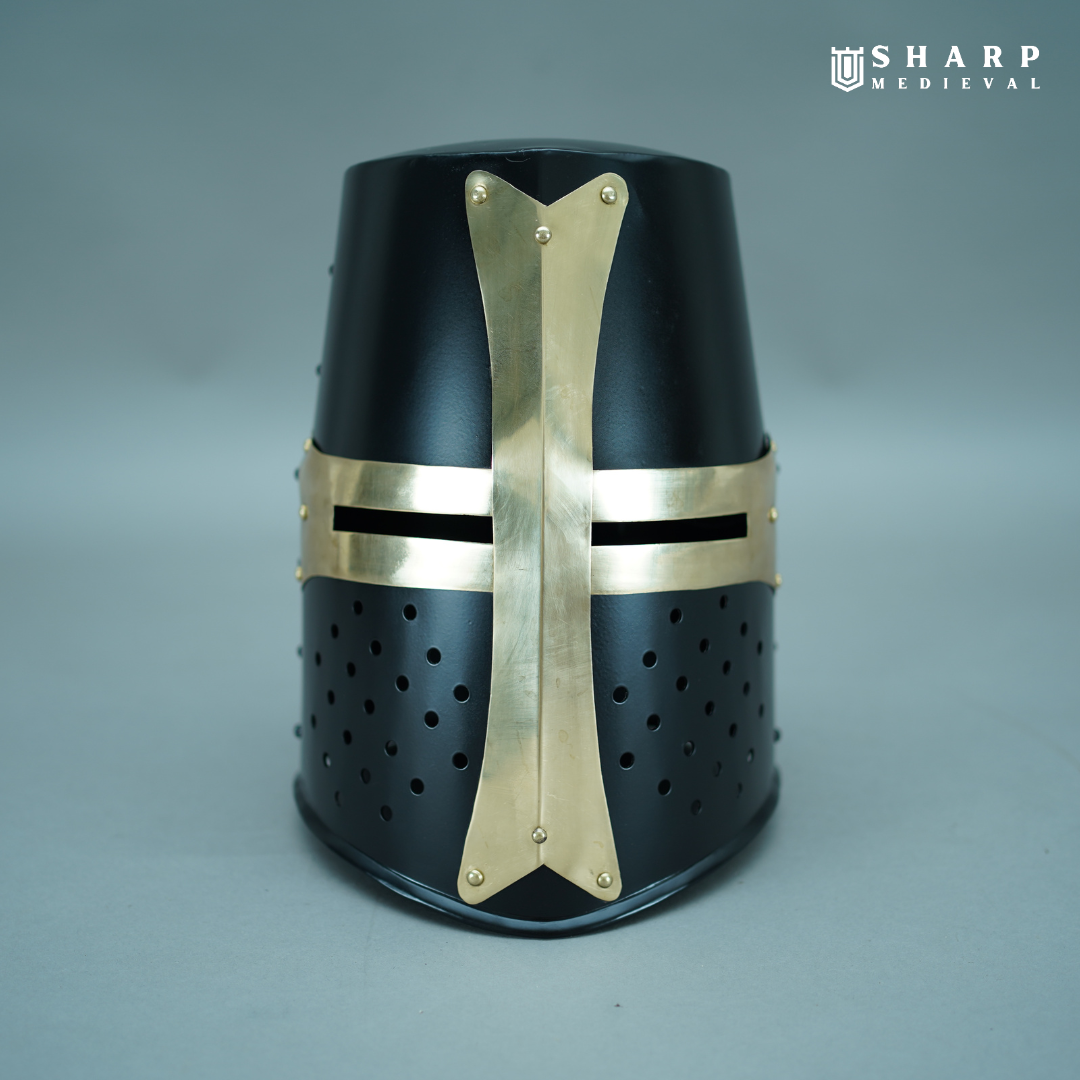 Crusader Great Helmet –  Steel & Brass – Medieval Helmet