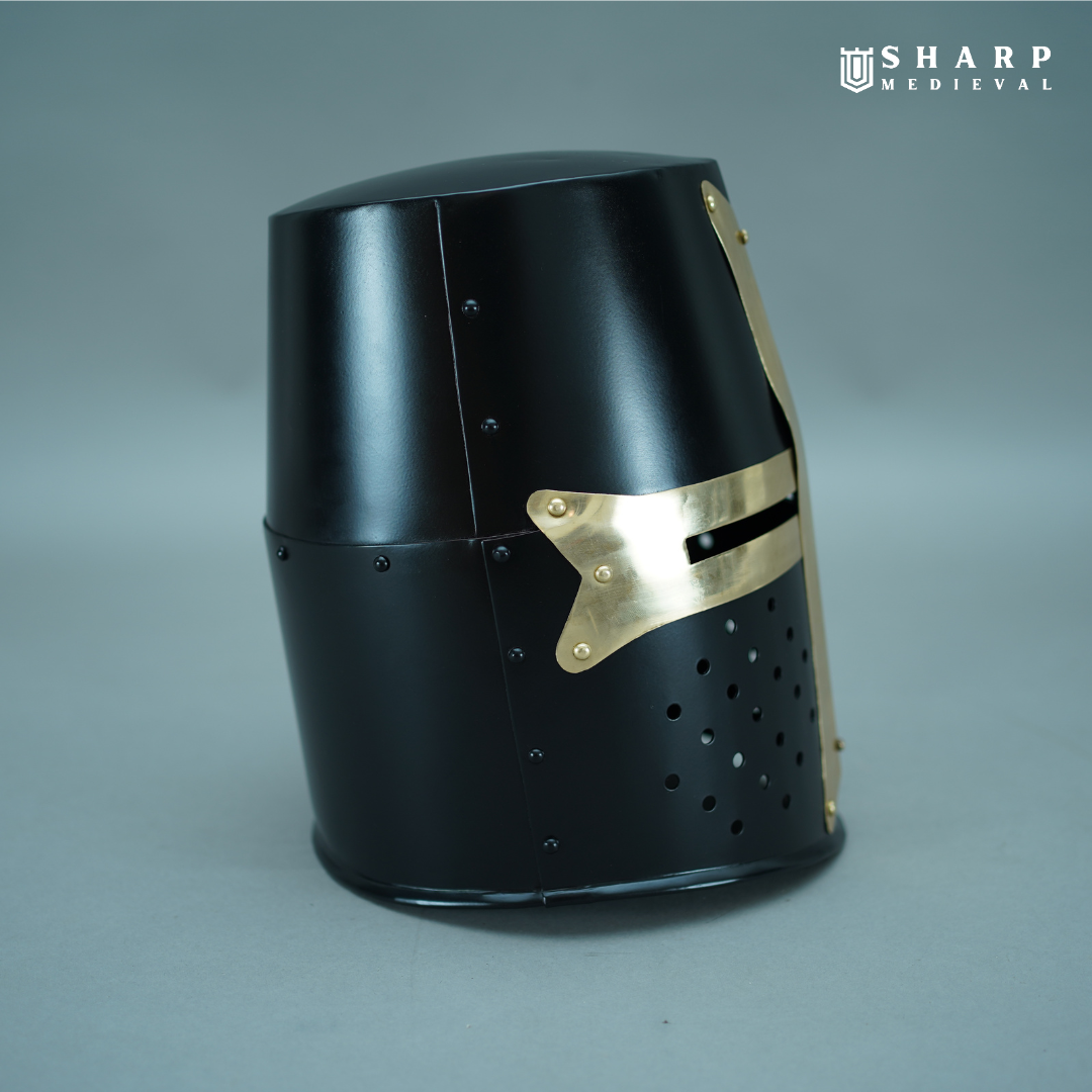 Crusader Great Helmet –  Steel & Brass – Medieval Helmet